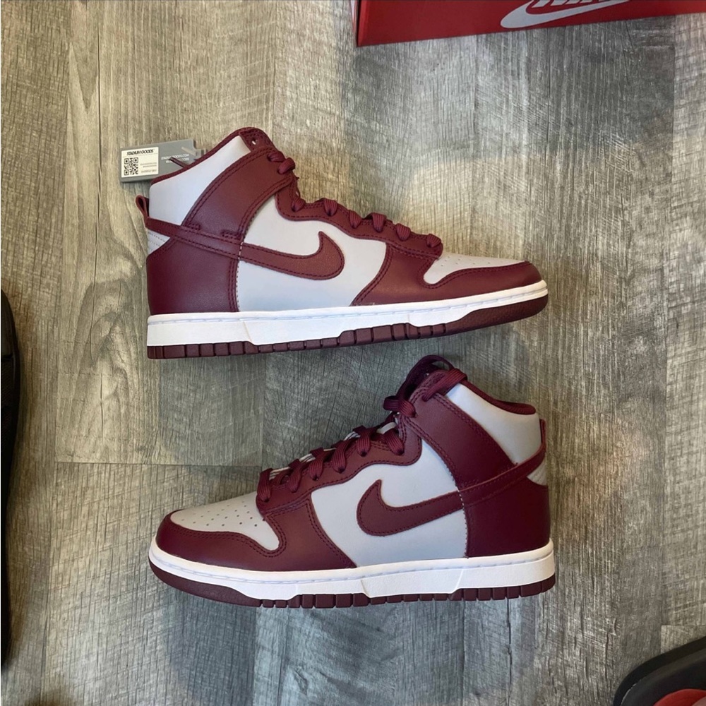 Maroon and grey high top dunks